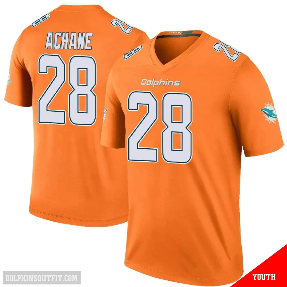 ＃28 Youth De'Von Achane Orange Legend Miami Dolphins Color Rush Jersey