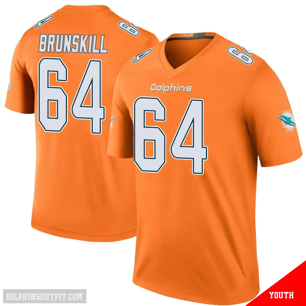 ＃64 Youth Daniel Brunskill Orange Legend Miami Dolphins Color Rush Jersey