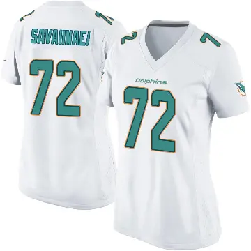 ＃72 Women's Jonah Savaiinaea White Game Miami Dolphins Jersey